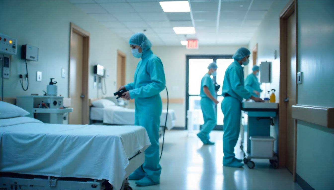 A highly sanitized and modern healthcare facility in Massachusetts. A professional cleaning team wearing medical-grade PPE (gloves, masks, and gowns) is disinfecting high-touch surfaces, including hospital beds, doorknobs, and medical equipment. One worker is using an electrostatic sprayer to sanitize the air, while another is wiping down a nurse's station with eco-friendly cleaning products,