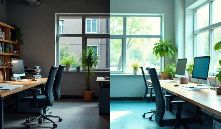Office cleaning productivity illustrated by a before-and-after office: cluttered vs. spotless, emphasizing workplace cleanliness and office hygiene benefits.