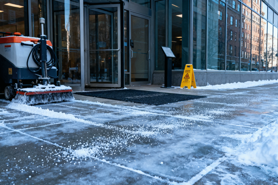 Motorized scrubber clearing salt and ice damage prevention Boston from a commercial entryway sidewalk. Image shows winter cleaning plan in action, protecting the commercial floor protection winter from corrosive de-icing alternatives Boston.