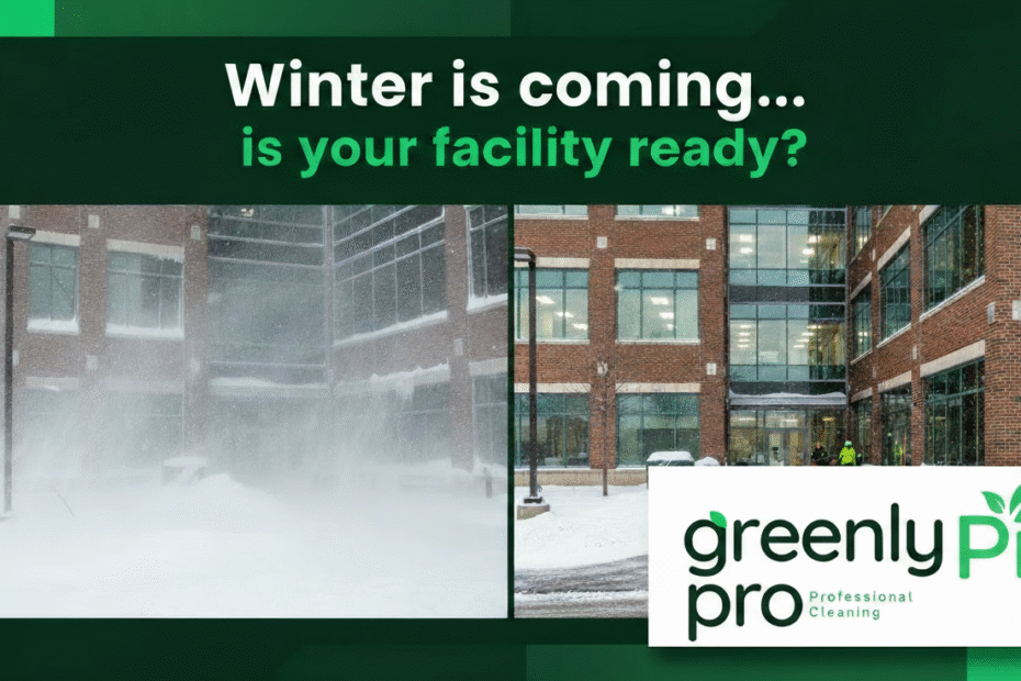 A commercial office building shown in heavy snow conditions on the left and a clean, well-maintained winter entrance on the right, with the text “Winter is coming… is your facility ready?” and the GreenlyPro Professional Cleaning logo.