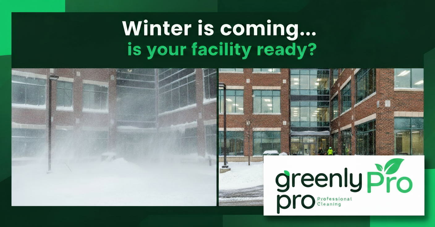 A commercial office building shown in heavy snow conditions on the left and a clean, well-maintained winter entrance on the right, with the text “Winter is coming… is your facility ready?” and the GreenlyPro Professional Cleaning logo.