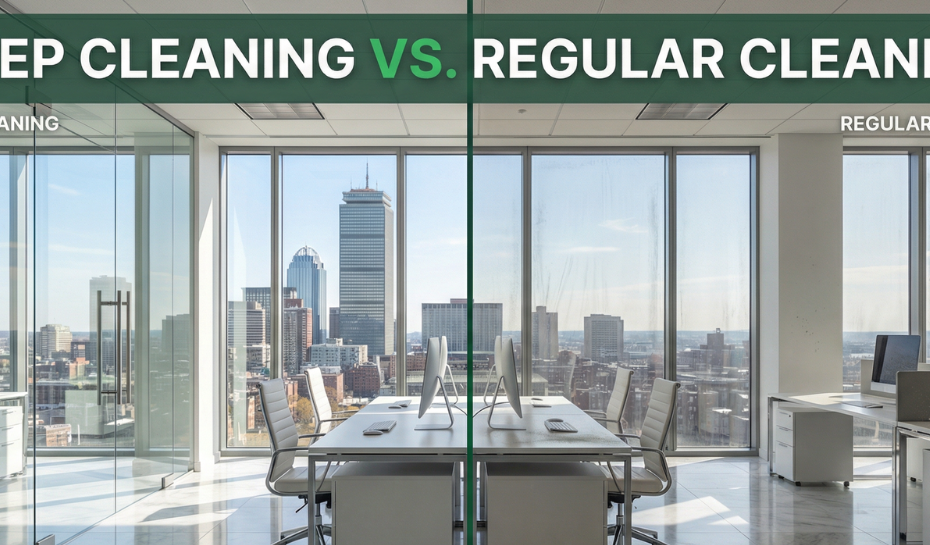Split-screen comparison of deep cleaning and regular cleaning results in modern Boston office with city skyline - Greenly Pro services