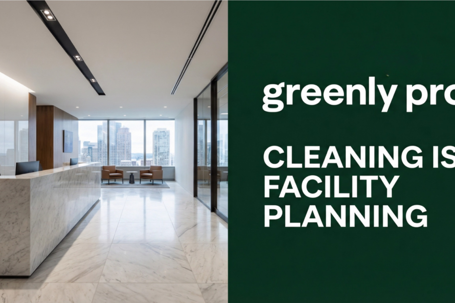 Strategic facility planning and cleaning ROI blog cover showing a pristine Boston boardroom with city views and Greenly Pro