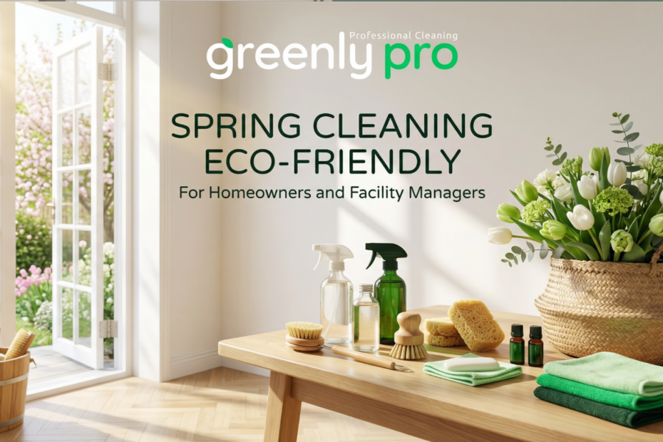 Eco-Friendly Spring Cleaning for Homeowners and Facility Managers - Greenly Pro: A fresh, sunlit room with non-toxic cleaning supplies and spring flowers, representing sustainable renewal and healthy indoor air quality.