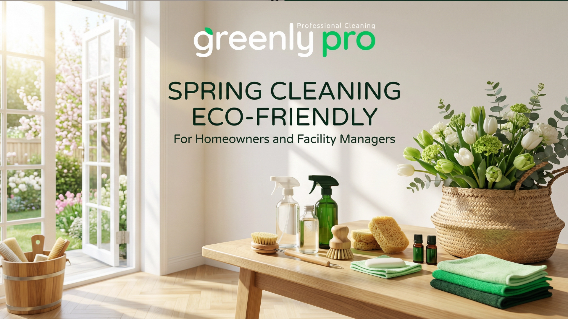Eco-Friendly Spring Cleaning for Homeowners and Facility Managers - Greenly Pro: A fresh, sunlit room with non-toxic cleaning supplies and spring flowers, representing sustainable renewal and healthy indoor air quality.