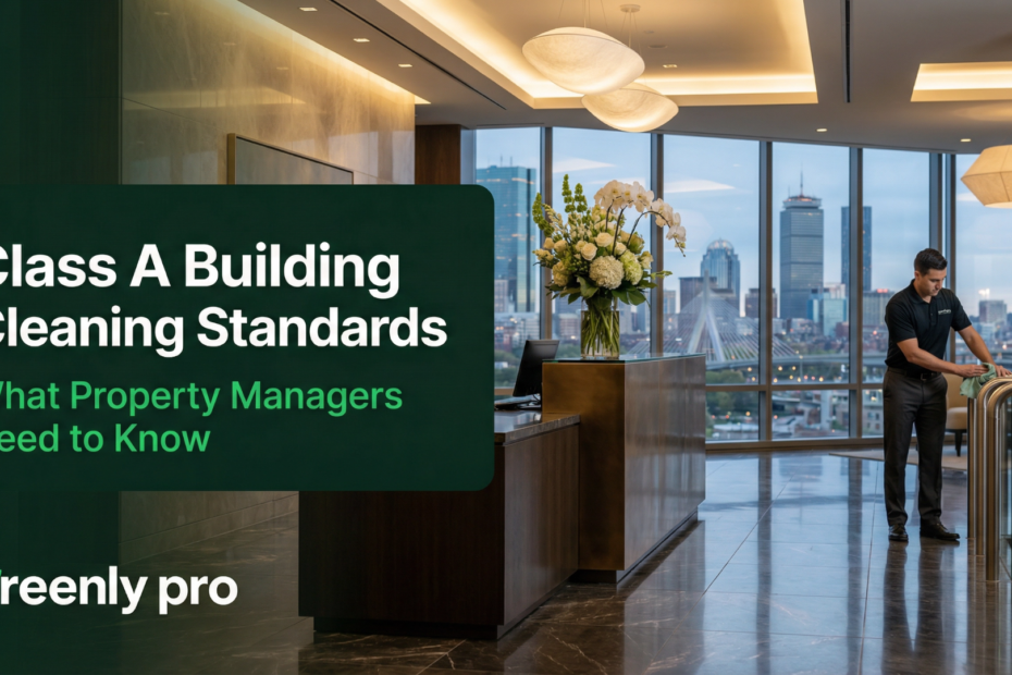 Class A building cleaning standards promotional image showing a modern high-end office lobby with city skyline views, a professional cleaner polishing a railing, and text reading “Class A Building Cleaning Standards – What Property Managers Need to Know” with Greenly Pro branding.
