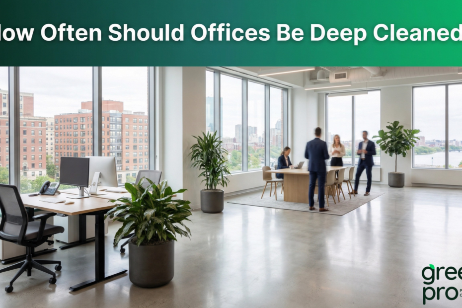 Greenly Pro LinkedIn article cover image titled "How Often Should Offices Be Deep Cleaned?" — featuring a bright, modern open-plan office in Boston with floor-to-ceiling windows overlooking the city skyline and river, indoor plants, standing desks, ergonomic chairs, and professionals collaborating. Greenly Pro Professional Cleaning logo in the bottom right corner.