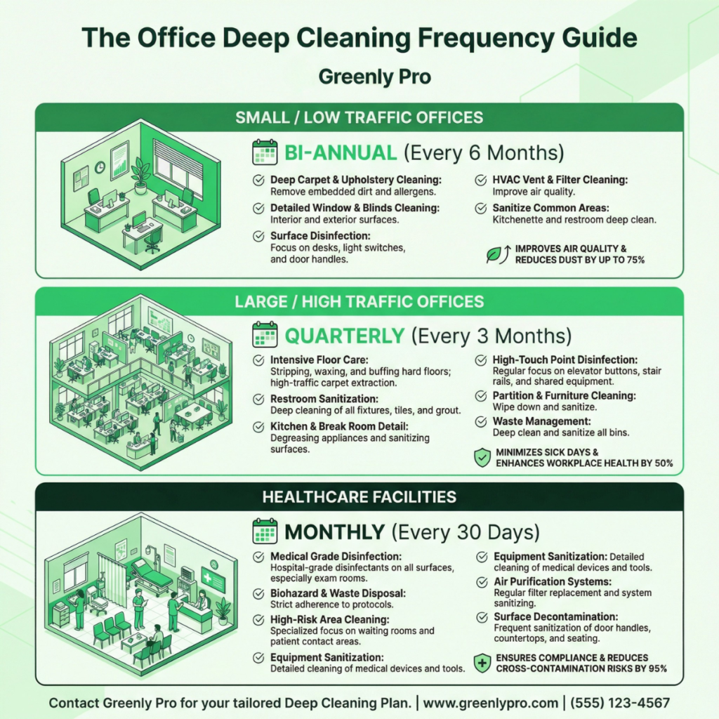 Greenly Pro infographic: The Office Deep Cleaning Frequency Guide. Three sections by office type — Small/Low Traffic Offices: bi-annual deep cleaning every 6 months including carpet, upholstery, windows, blinds, HVAC vents, surface disinfection, and common area sanitization, reducing dust by up to 75%. Large/High Traffic Offices: quarterly deep cleaning every 3 months covering intensive floor care, restroom sanitization, kitchen and break room detail, high-touch point disinfection, partition and furniture cleaning, and waste management, enhancing workplace health by 50%. Healthcare Facilities: monthly deep cleaning every 30 days with medical-grade disinfection, biohazard and waste disposal, high-risk area cleaning, equipment sanitization, air purification systems, and surface decontamination, reducing cross-contamination risks by 95%. Contact Greenly Pro at greenlypro.com for a tailored commercial deep cleaning plan.