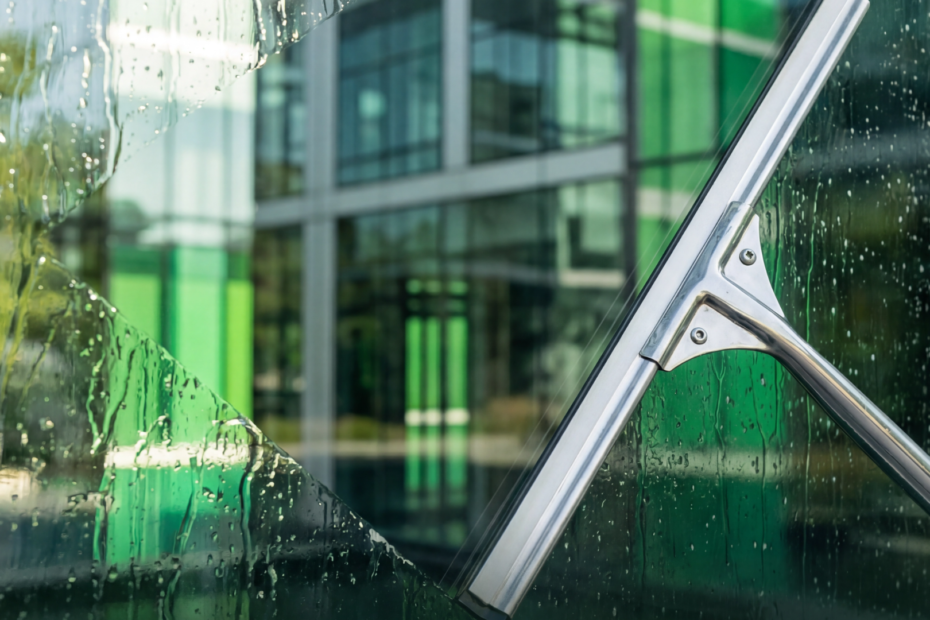 Close-up action shot of a professional stainless steel window squeegee gliding across a wet commercial glass facade with water droplets streaming down, reflecting a modern green-tinted multi-story office building and surrounding trees. LinkedIn article cover image for Greenly Pro Professional Window Cleaning services in Greater Boston, Massachusetts.
