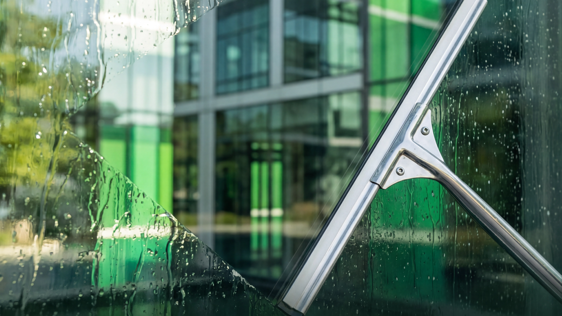 Close-up action shot of a professional stainless steel window squeegee gliding across a wet commercial glass facade with water droplets streaming down, reflecting a modern green-tinted multi-story office building and surrounding trees. LinkedIn article cover image for Greenly Pro Professional Window Cleaning services in Greater Boston, Massachusetts.