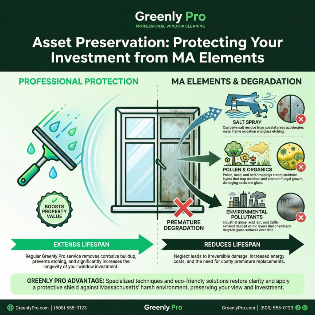 Greenly Pro Professional Window Cleaning infographic titled "Asset Preservation: Protecting Your Investment from MA Elements." Split comparison showing Professional Protection on the left versus MA Elements & Degradation on the right. Three environmental threats to windows in Massachusetts identified: Salt Spray — corrosive coastal salt residue accelerates metal frame oxidation and glass etching; Pollen & Organics — pollen, mold, and bird droppings trap moisture and promote fungal growth, damaging seals and glass; Environmental Pollutants — industrial grime, acid rain, and traffic exhaust deposit acidic layers that chemically degrade glass over time. Left side highlights Greenly Pro's professional squeegee service that extends window lifespan, boosts property value, and removes corrosive buildup to prevent etching. Bottom CTA: Greenly Pro's specialized eco-friendly techniques restore clarity and apply a protective shield against Massachusetts' harsh environment. GreenlyPro.com | (508) 555-0123.