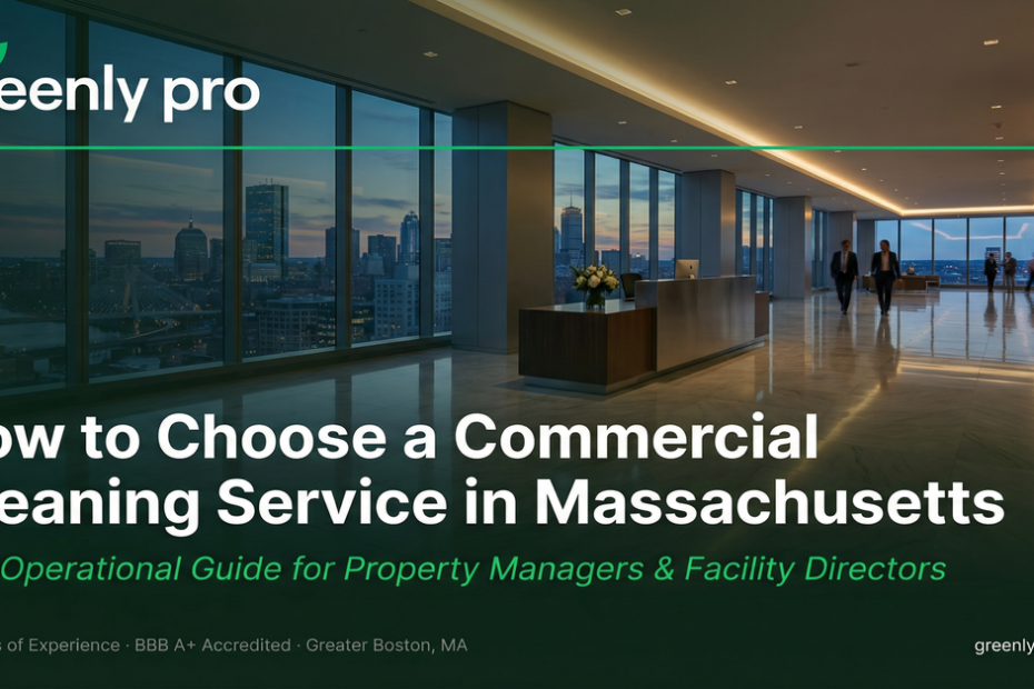 Modern commercial office lobby in Greater Boston representing the high standard achieved when you hire a commercial cleaning service in Massachusetts. Guide by Greenly PRO for facility directors