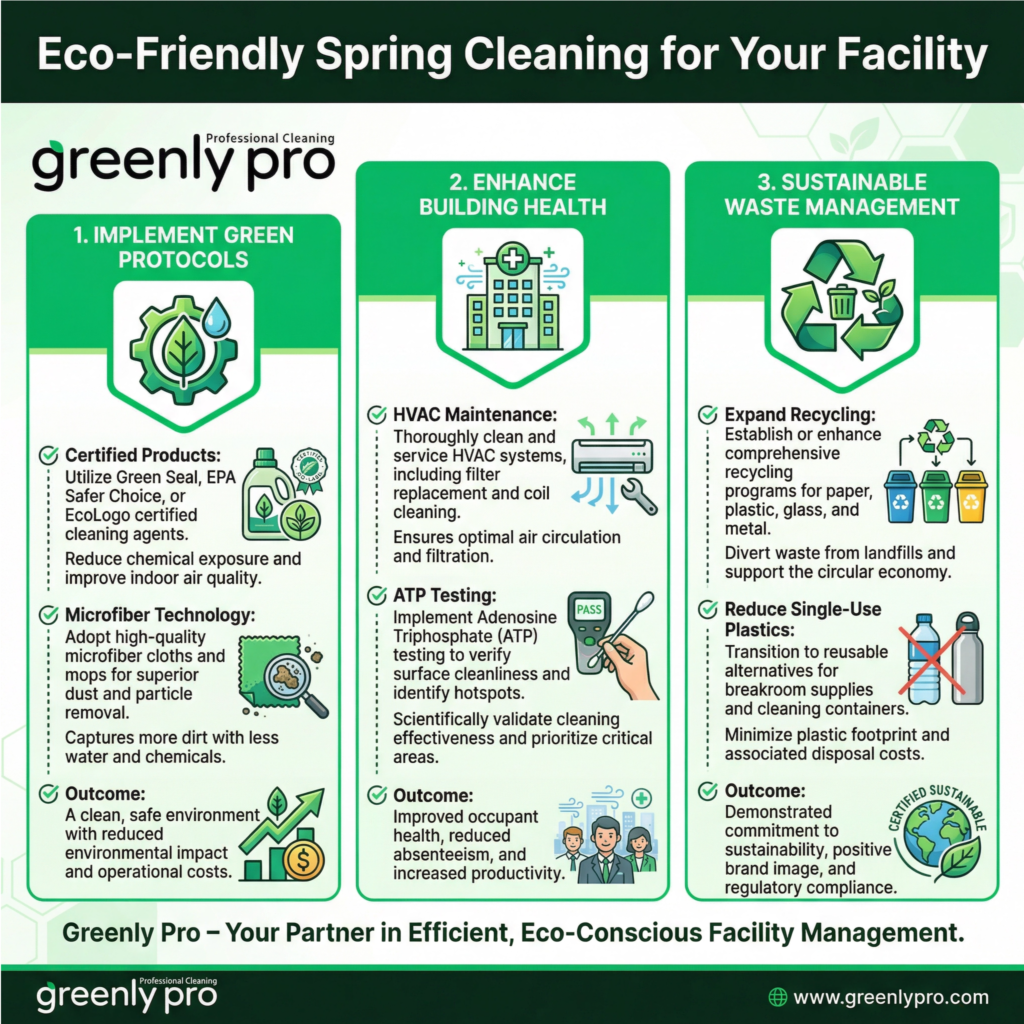 Eco-Friendly Spring Cleaning Tips for Facility Managers - Greenly Pro: Strategic guide to implementing green cleaning protocols, enhancing building health through HVAC maintenance and ATP testing, and optimizing sustainable waste management for commercial ROI.