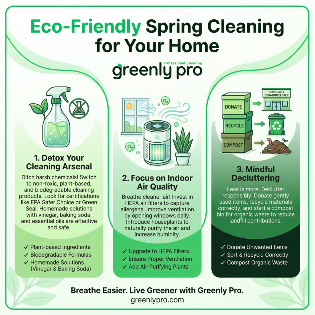 Eco-Friendly Spring Cleaning Tips for Homeowners - Greenly Pro: 3-step guide to detoxing your cleaning arsenal with non-toxic products, improving indoor air quality with HEPA filters, and practicing mindful decluttering for a sustainable home.