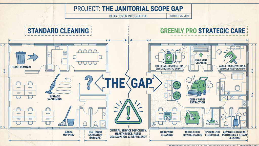 Project: The Janitorial Scope Gap — October 26, 2024." Blueprint-style floor plan comparison split into two halves. Standard Cleaning (left): minimal services including trash removal, surface vacuuming, basic mopping, and minimal restroom sanitation only. Greenly Pro Strategic Care (right): comprehensive services including high-level disinfection with electrostatic spray, HVAC vent cleaning, asset preservation and surface restoration, deep carpet extraction, upholstery revitalization, specialized floor care, and advanced hygiene protocols with steam cleaning. Center divider labeled "The Gap" with a critical warning triangle reading: "Critical Service Deficiency — Health Risks, Asset Degradation & Inefficiency." 
