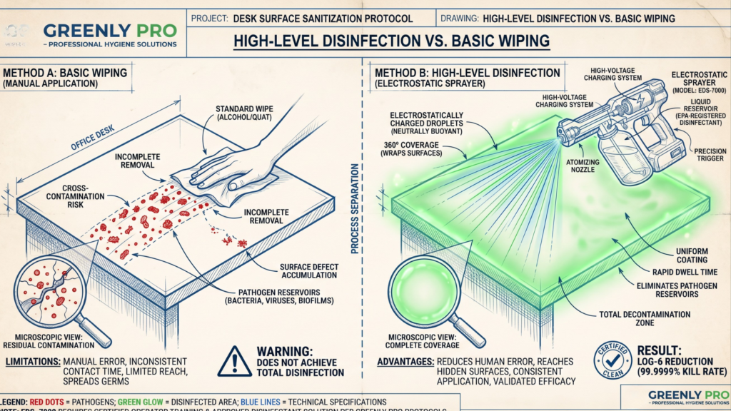High-Level Disinfection vs. Basic Wiping — Desk Surface Sanitization Protocol." Two-method comparison: Method A — Basic Wiping (Manual Application, left): hand wiping an office desk with a standard alcohol or quat wipe, showing incomplete removal, cross-contamination risk, surface defect accumulation, and pathogen reservoirs of bacteria, viruses, and biofilms remaining. Microscopic view reveals residual contamination. Limitations: manual error, inconsistent contact time, limited reach, and germ spreading. Warning: does not achieve total disinfection. Method B — High-Level Disinfection (Electrostatic Sprayer EDS-7000, right): electrostatically charged neutrally buoyant droplets deliver 360° coverage that wraps all surfaces, including hidden areas, through a high-voltage charging system, atomizing nozzle, precision trigger, and EPA-registered liquid disinfectant reservoir. Achieves uniform coating, rapid dwell time, total decontamination zone, and complete elimination of pathogen reservoirs. Microscopic view shows complete surface coverage. Advantages: reduces human error, reaches hidden surfaces, consistent application, validated efficacy. Result: Log-6 reduction — 99.9999% kill rate. Certified Clean. Greenly Pro — Professional Hygiene Solutions.