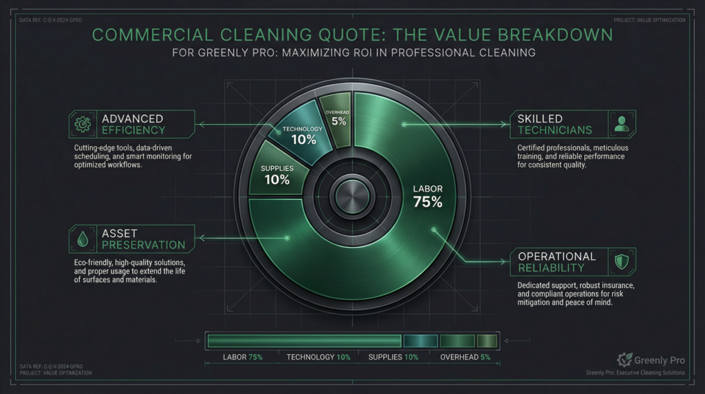 Commercial Cleaning pricing Value Breakdown Infographic - Labor, Tech, Supplies, and Overhead ROI for Greenly Pro