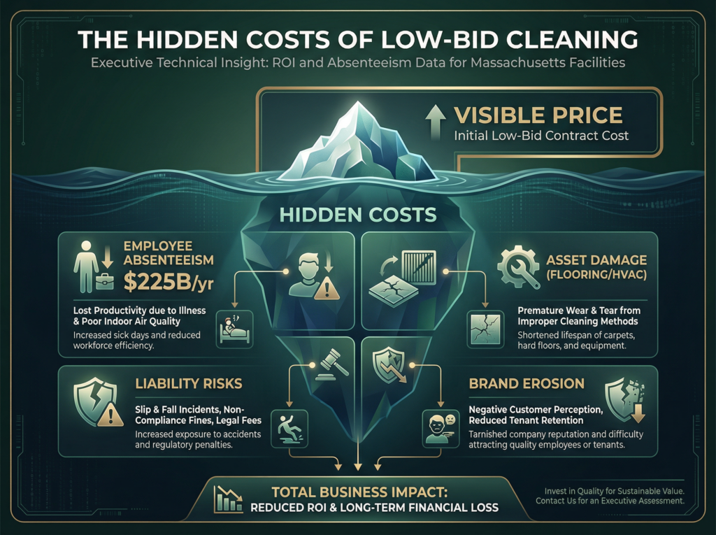 The Hidden Costs of Low-Bid Commercial Cleaning Infographic - ROI and Absenteeism Data for Massachusetts Facilities.