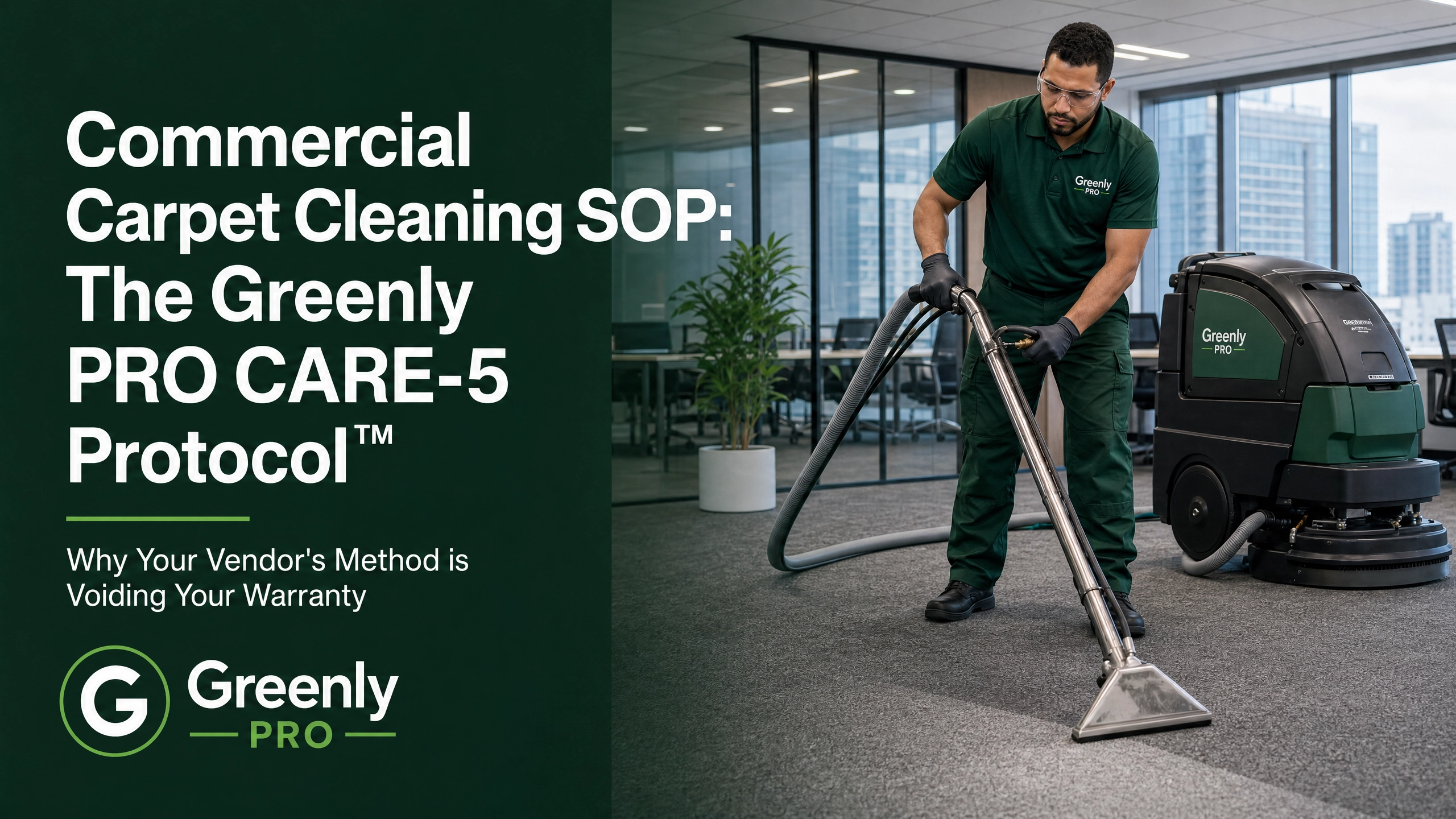 Greenly Pro technician performing commercial carpet cleaning in a modern office using industrial equipment beside text promoting the PRO CARE-5 carpet cleaning protocol