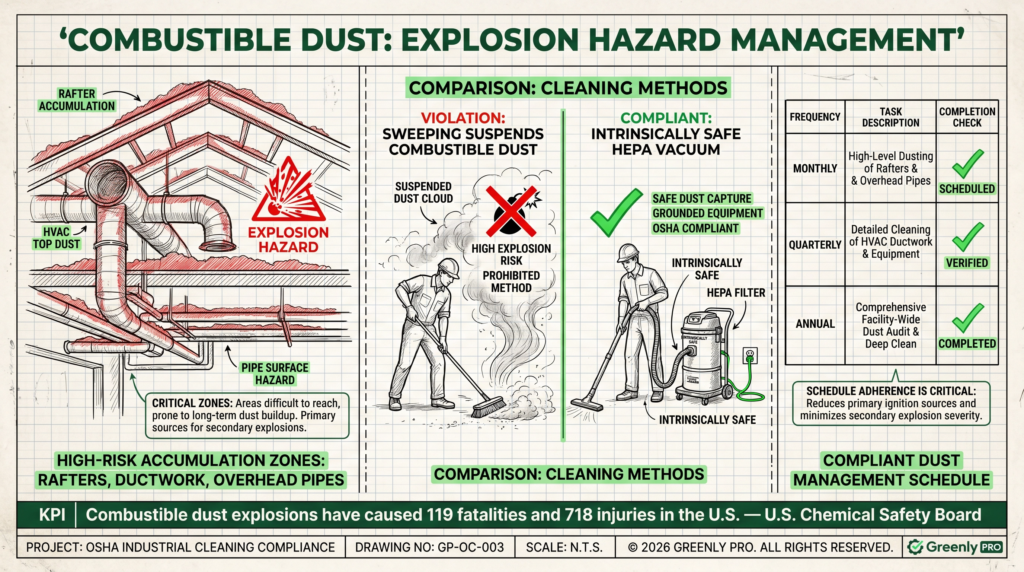 Blueprint diagram illustrating OSHA compliance in industrial cleaning for combustible dust management using intrinsically safe HEPA vacuums.