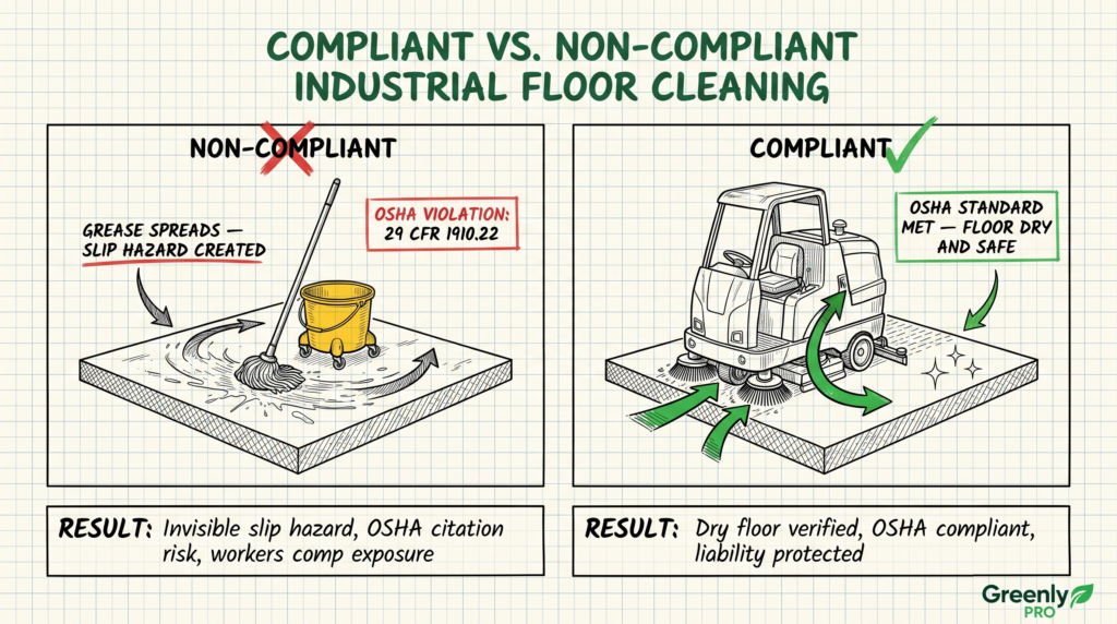 Blueprint diagram comparing non-compliant mop cleaning versus OSHA-compliant industrial floor cleaning with a ride-on scrubber for warehouse safety standards.