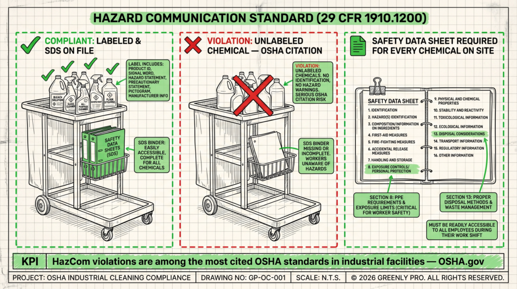 Blueprint diagram illustrating OSHA compliance in industrial cleaning requirements for Hazard Communication, including SDS binders and proper chemical labeling.