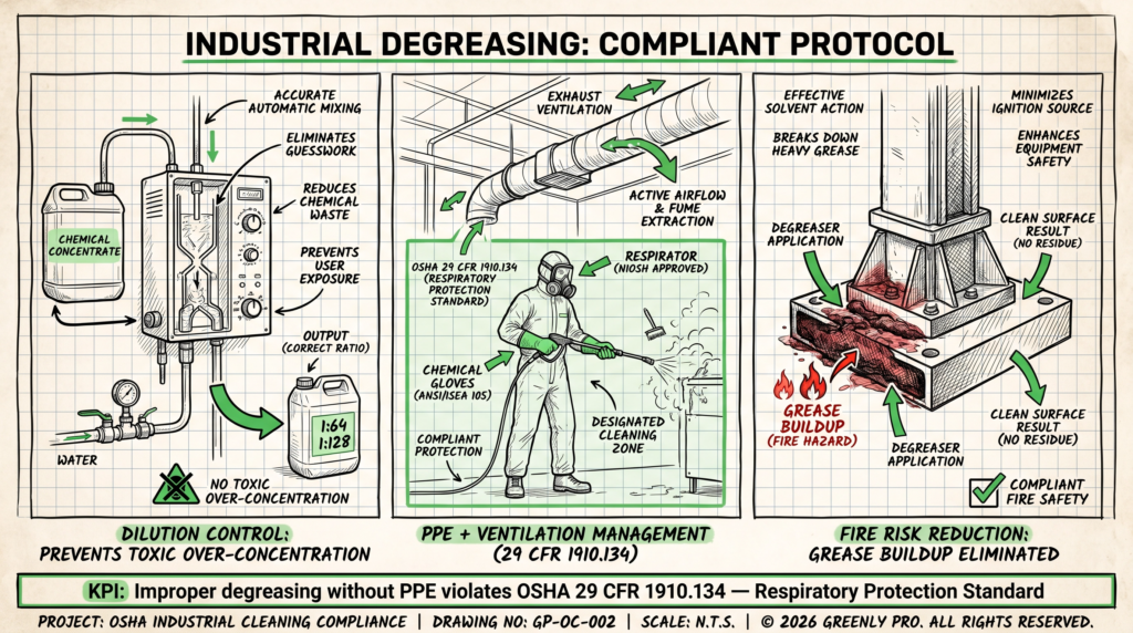 Blueprint diagram illustrating industrial degreasing regulations and OSHA compliant protocols for dilution control, ventilation, and PPE in a warehouse.