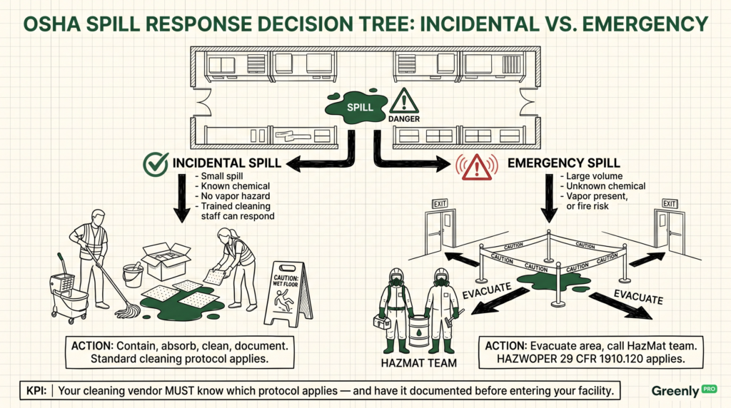 Flowchart illustrating the OSHA spill response requirements decision tree for incidental versus emergency spill response in an industrial facility