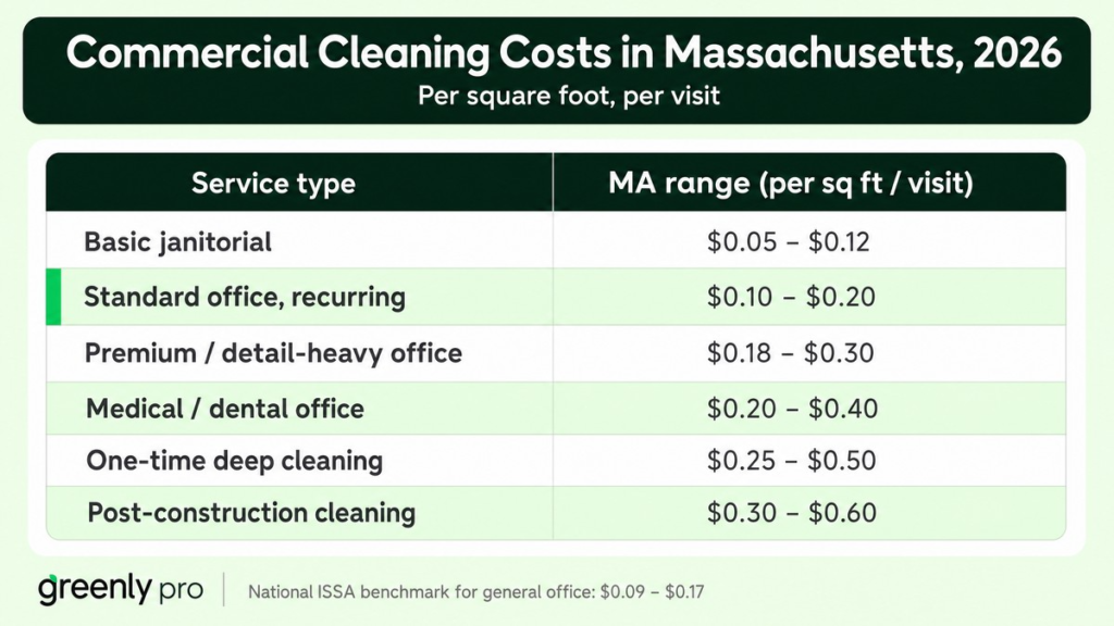 Massachusetts commercial cleaning rates 2026 — per square foot pricing for janitorial, office, medical, and deep cleaning services