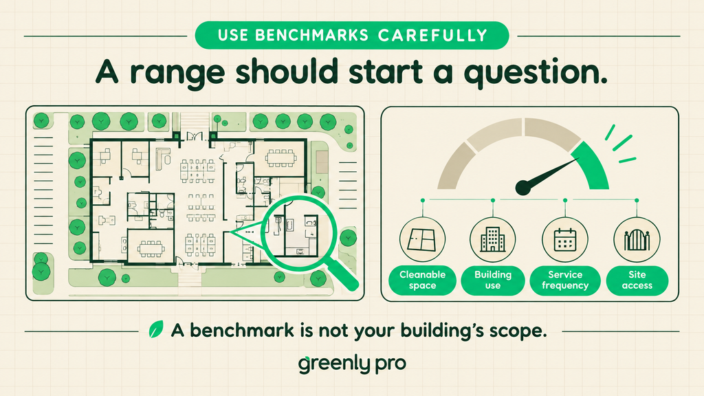 Why a cleaning cost benchmark is not your building's scope: cleanable space, building use, service frequency, and site access all move the number