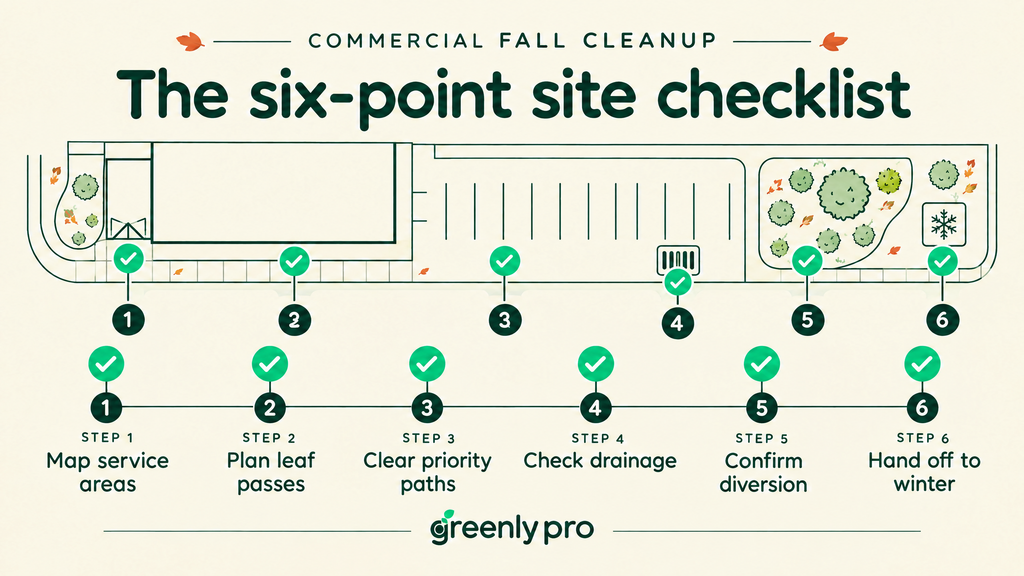 Six-point commercial fall cleanup checklist: map service areas, plan leaf passes, clear priority paths, check drainage, confirm diversion, hand off to winter.