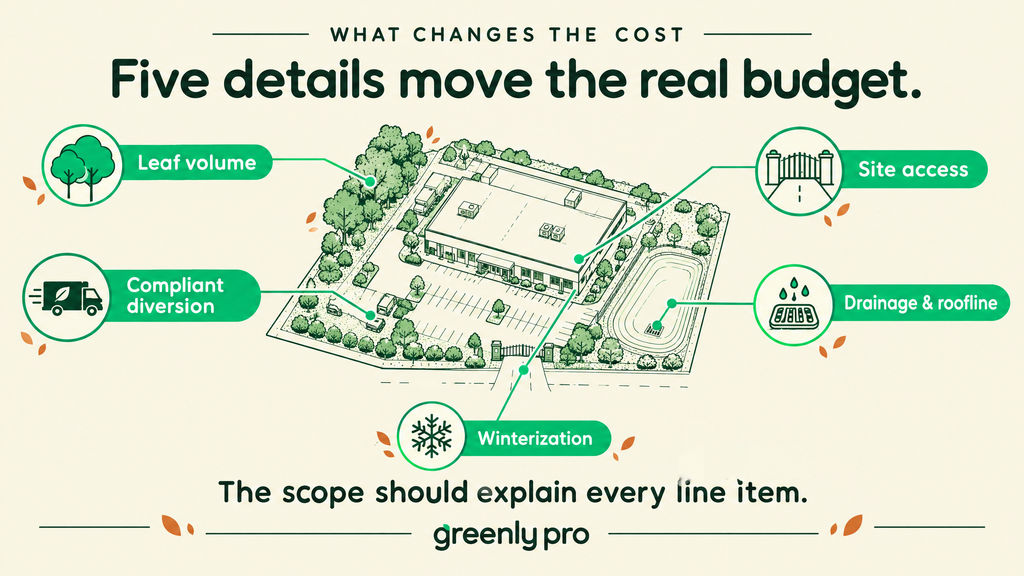 Five fall cleanup cost drivers on a commercial site: leaf volume, site access, compliant yard waste diversion, drainage and roofline, and winterization.