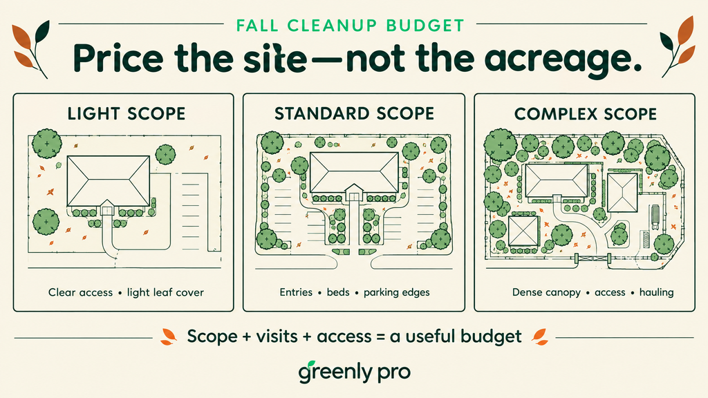 Three commercial site plans comparing fall cleanup cost budget scopes: light with clear access, standard with entries and beds, complex with dense canopy and hauling
