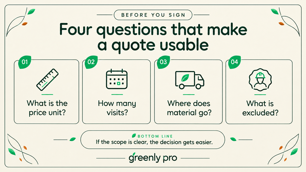 Four questions before signing a fall cleanup cost quote: what is the price unit, how many visits, where does material go, and what is excluded