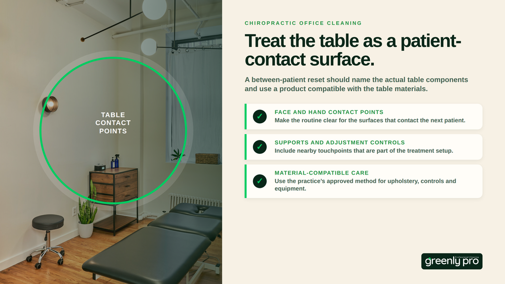 Four steps in a between-patient clinic reset: release the space once the session ends, clear disposables and separate clean from soiled, reset table, mat and shared equipment surfaces, then follow the release step.