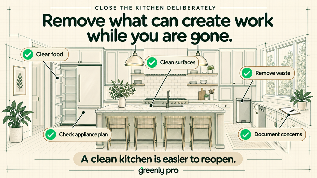 Kitchen closing checklist for a vacation home: clear food, clean surfaces, remove waste, check the appliance plan, and document concerns