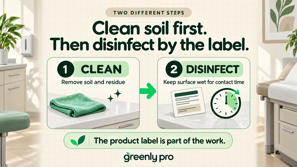 Cleaning and disinfecting are two steps: first remove soil and residue, then apply disinfectant and keep the surface wet for the label's contact time.