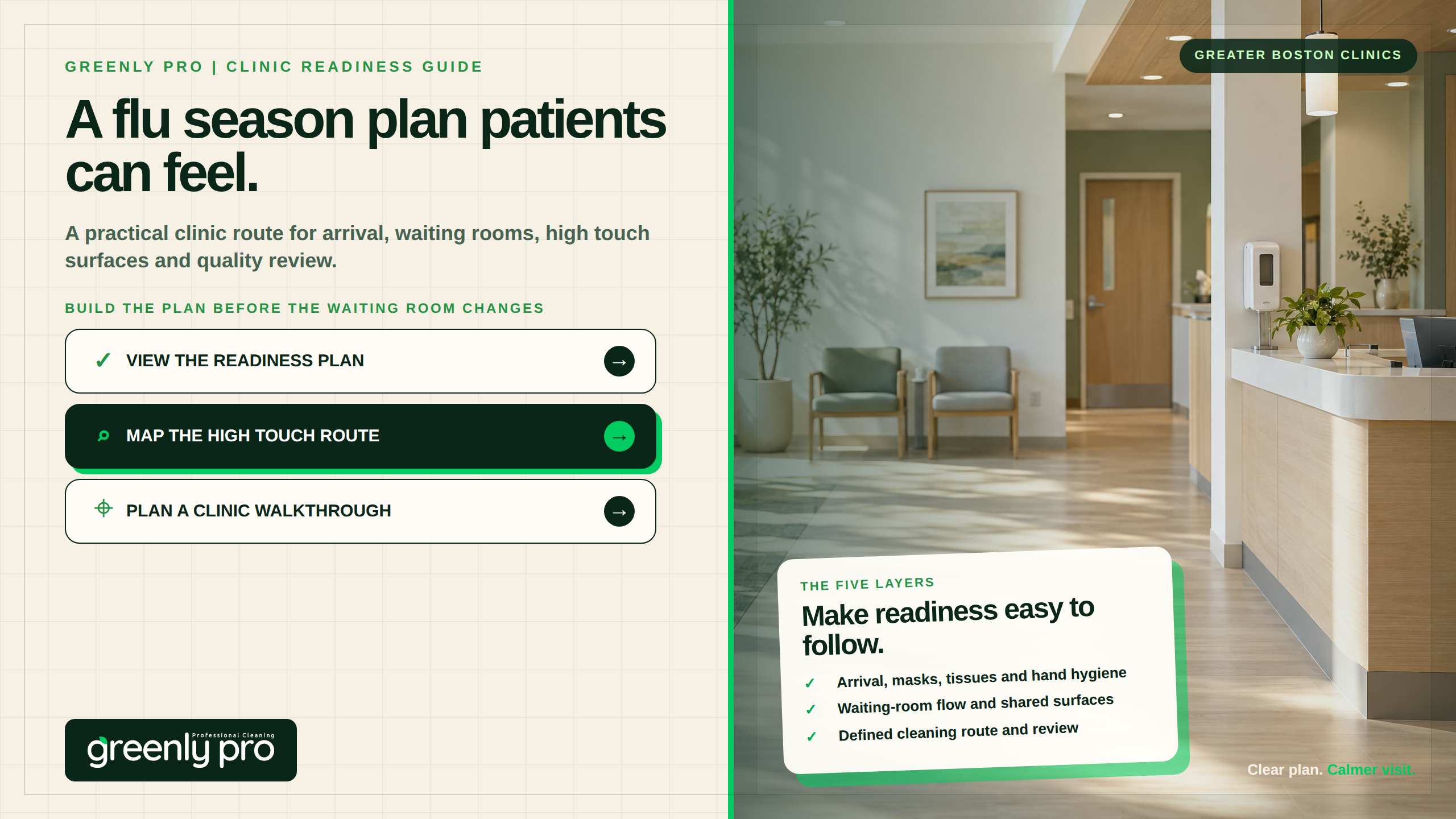 A flu season clinic cleaning plan patients can feel: Greenly Pro clinic readiness guide for Greater Boston covering arrival, waiting rooms, high touch surfaces and quality review