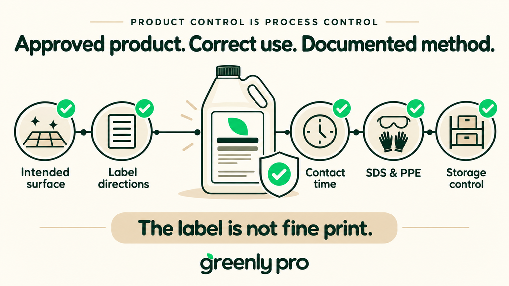 Disinfectant product control in a healthcare facility: intended surface, label directions, contact time, SDS and PPE requirements, and storage control.