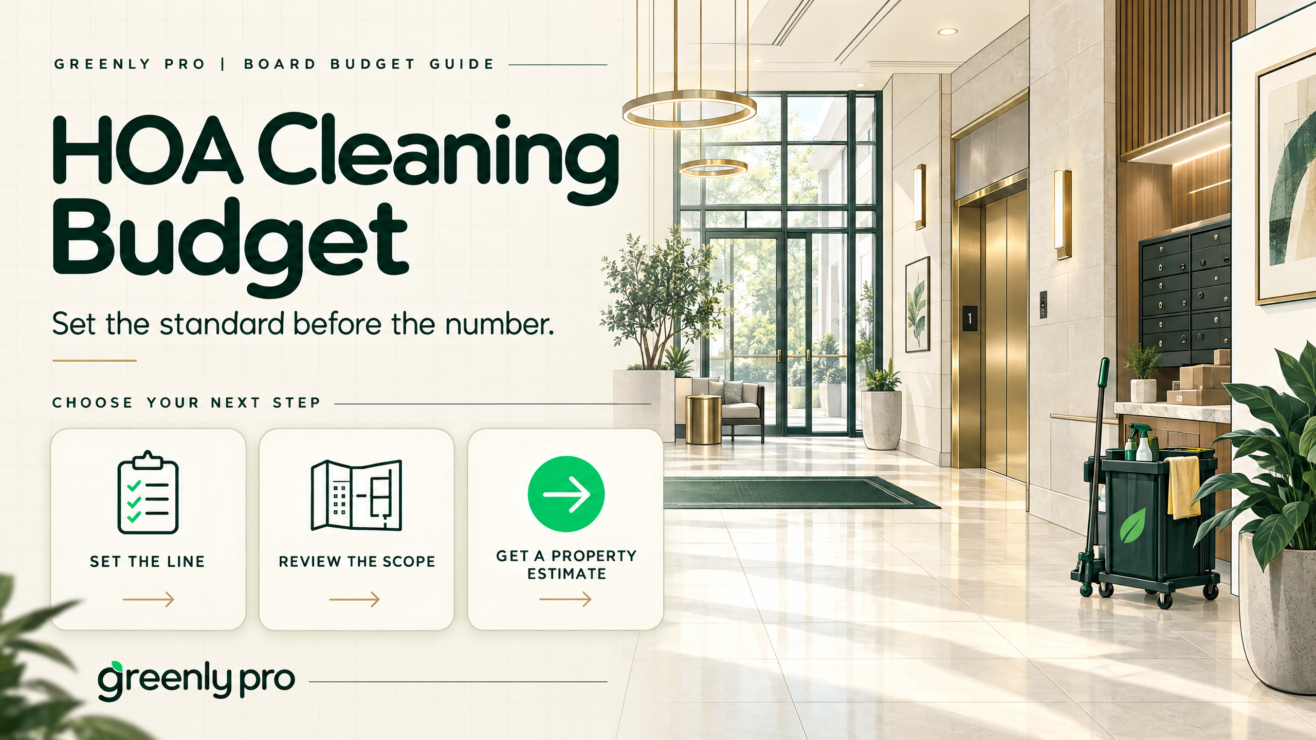 HOA cleaning budget board guide from Greenly Pro: set the service standard before the number, review scope, and get a property estimate.