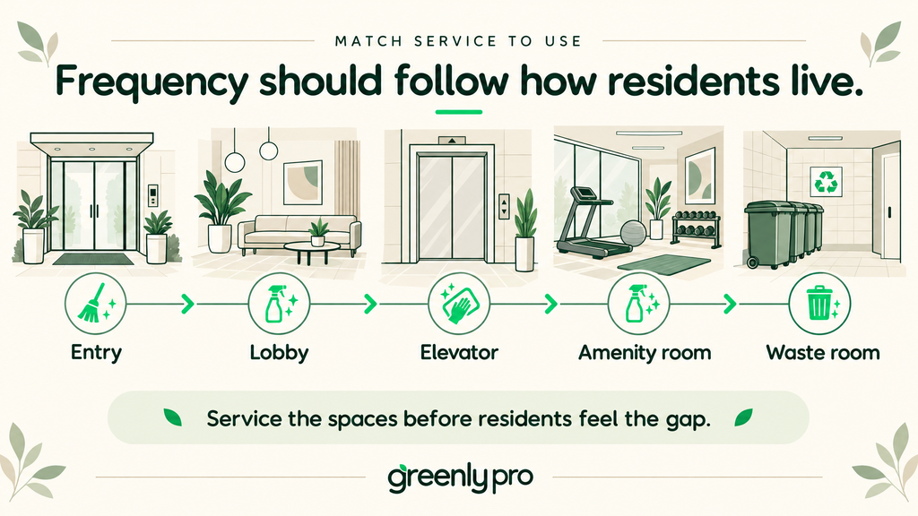 Annual periodic cleaning schedule on a condo floor plan: carpet care, floor maintenance, interior glass, and high dusting planned instead of treated as surprises.