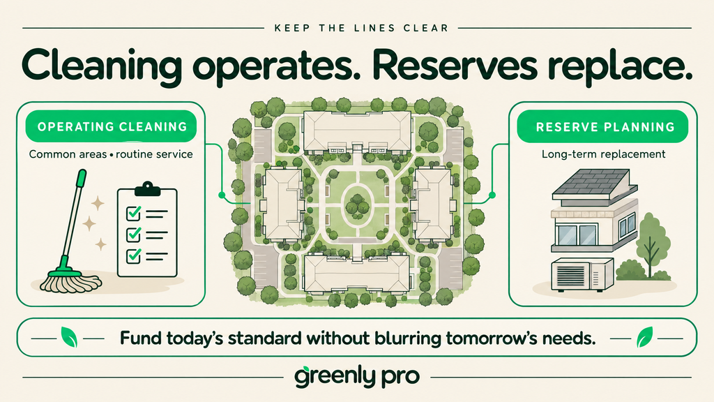 Condo building walkthrough for an HOA cleaning budget: exterior approach, lobby and entry, elevators, corridors and stairs, amenity rooms, waste rooms.