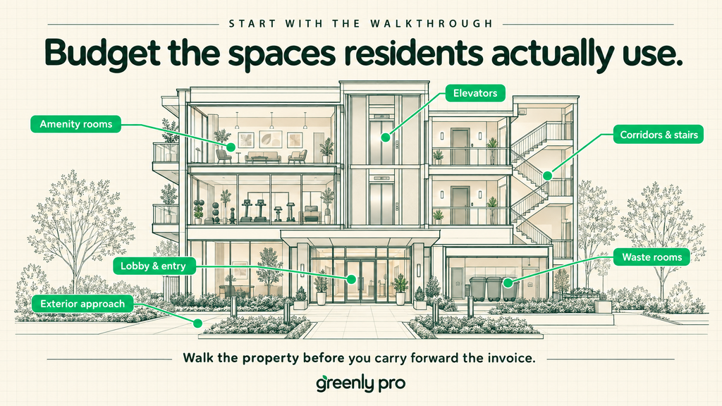 Cleaning frequency should follow resident traffic across entry, lobby, elevator, amenity room, and waste room in a condo association.