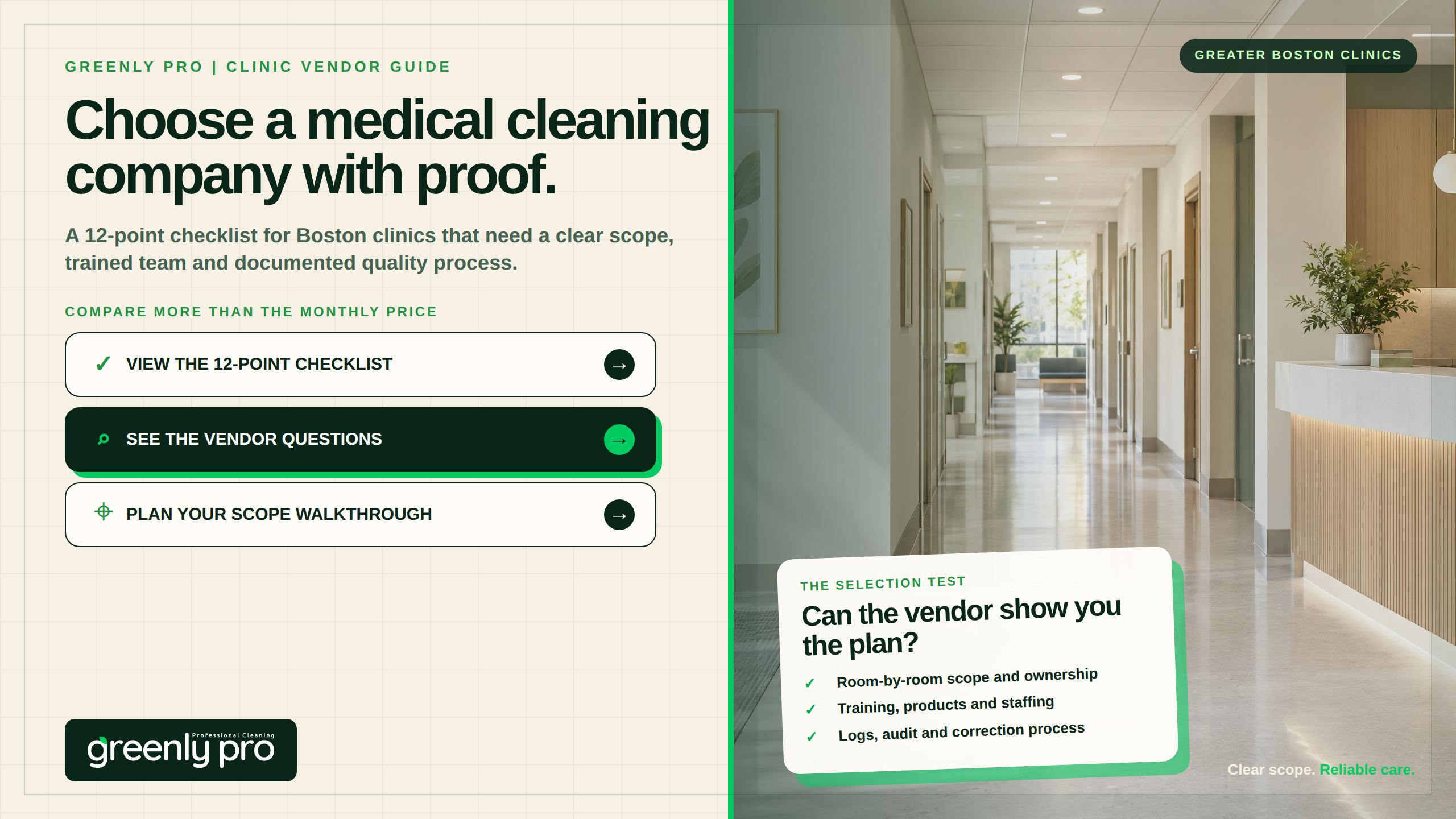 Choose a medical cleaning company with proof: Greenly Pro 12-point checklist for Boston clinics that need a clear scope, trained team and documented quality process.
