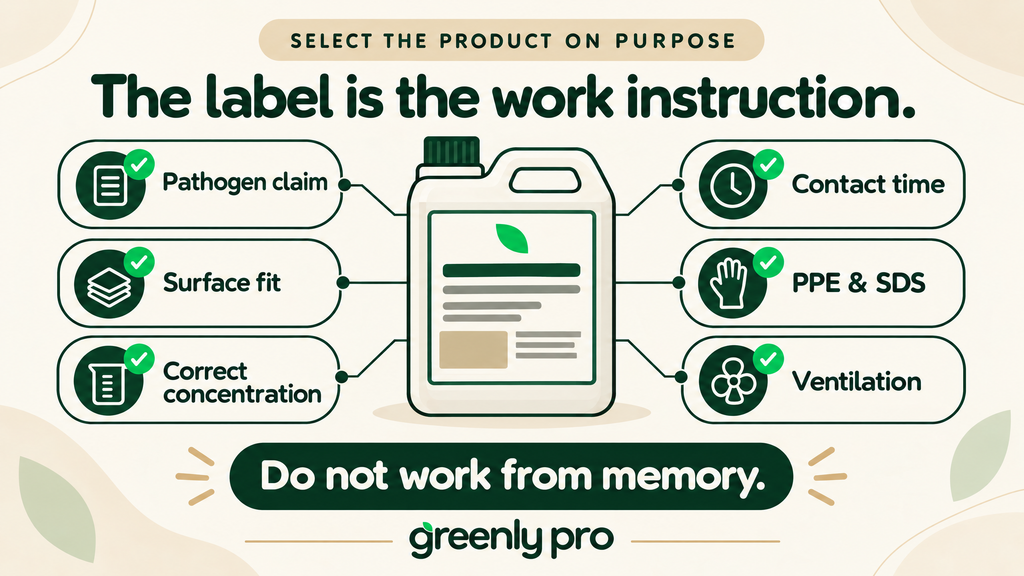 Six label checks before disinfecting a kennel: pathogen claim, surface fit, correct concentration, contact time, PPE and SDS, and ventilation. Do not work from memory.