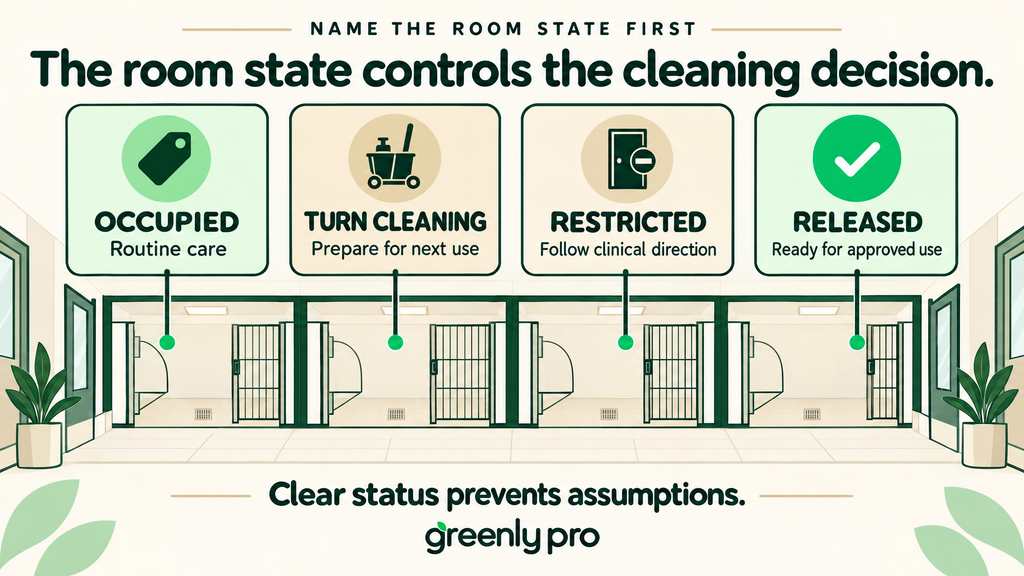 Four kennel room states that control the cleaning decision: occupied for routine care, turn cleaning for next use, restricted under clinical direction, and released for approved use.