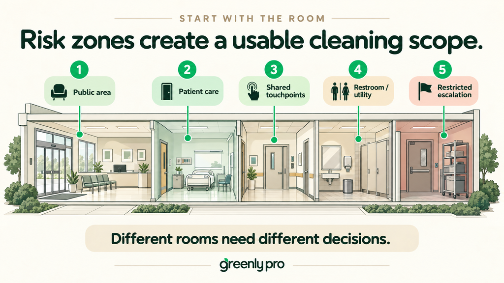 Five cleaning risk zones in a medical facility: public area, patient care room, shared touchpoints, restroom and utility, and restricted areas needing escalation.