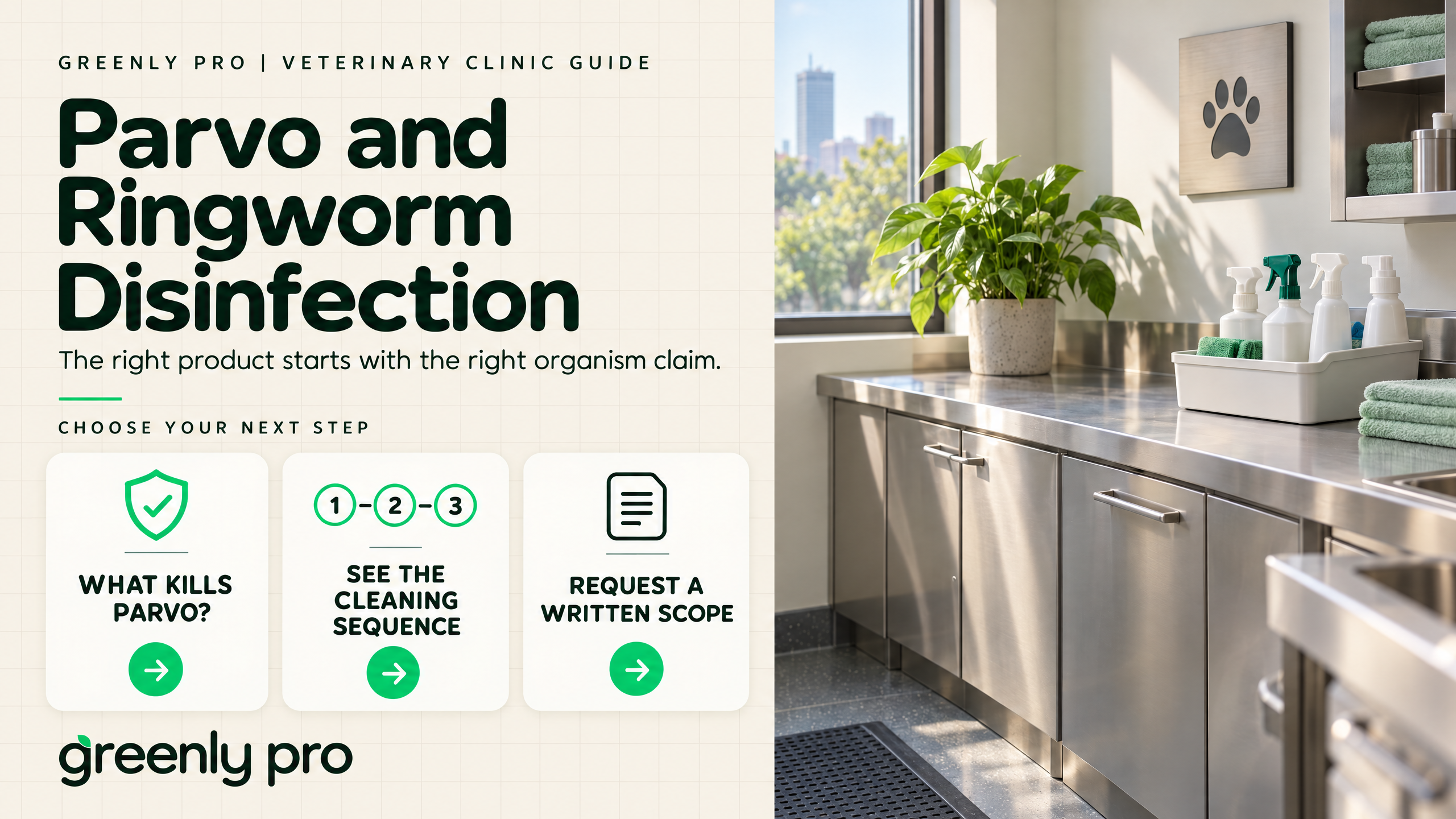 Parvo and ringworm disinfection for veterinary clinics: Greenly Pro guide to choosing a product by the organism claim on the label, not the product category.