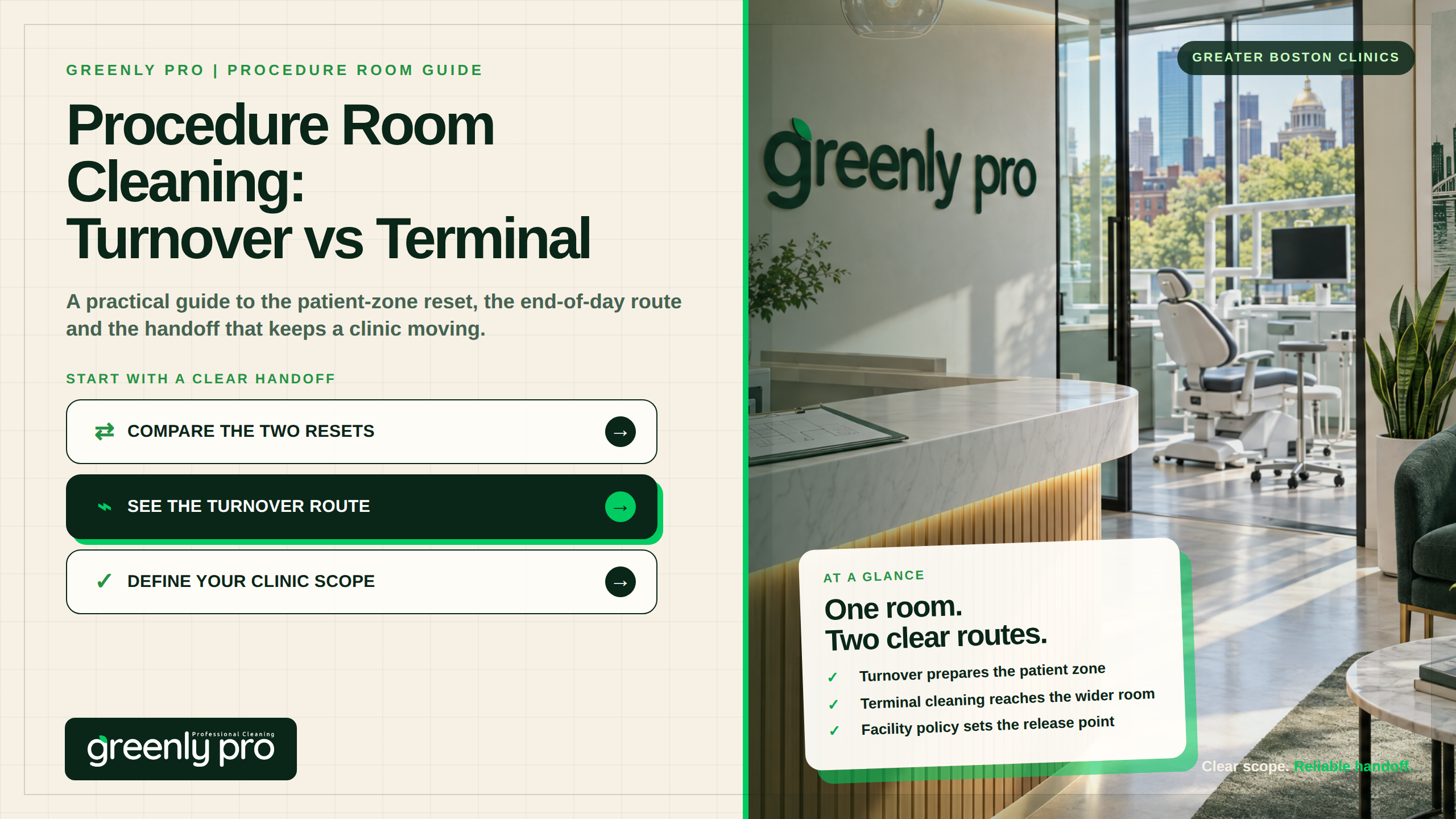 Procedure room cleaning, turnover vs terminal: Greenly Pro guide for Greater Boston clinics to the patient-zone reset, the end-of-day route, and the handoff between them.