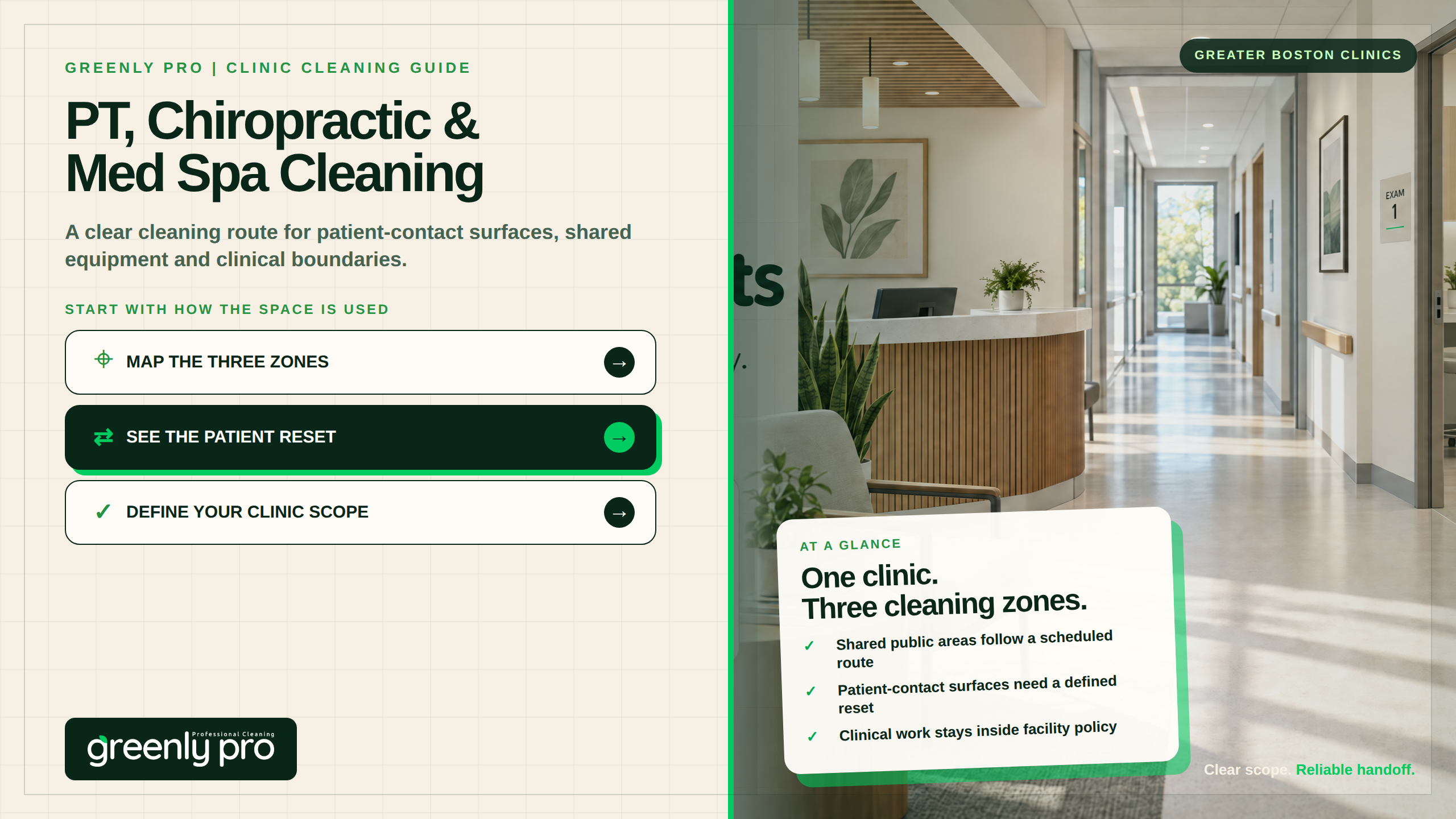 PT, chiropractic and med spa cleaning: Greenly Pro Greater Boston guide to a clear route for patient-contact surfaces, shared equipment and clinical boundaries